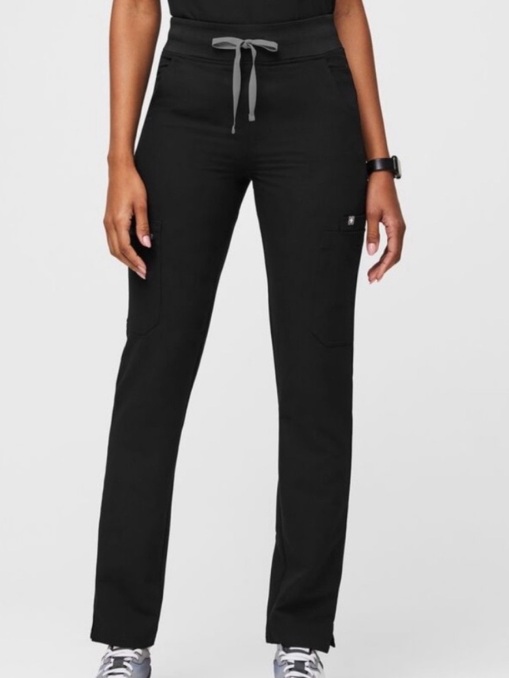 Figs Black Straight-Leg Cargo Scrub Pants with Gray Drawstring